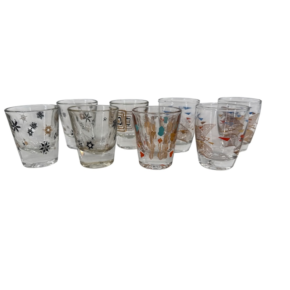 Vintage Mid Century Modern Shot Glass Set 8pc Atomic Snowflake Geometric Gold - Picture 1 of 6